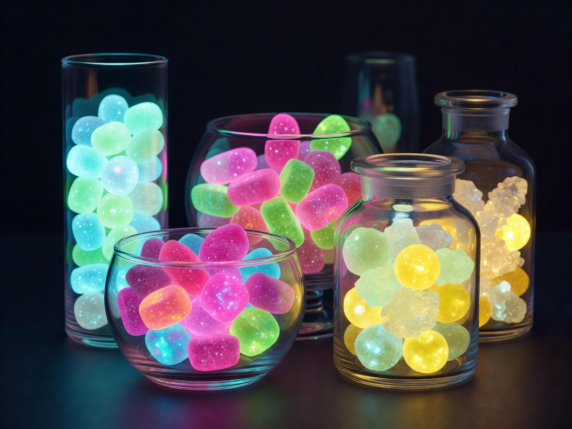 Assorted glowing candies inside clean glassware containers